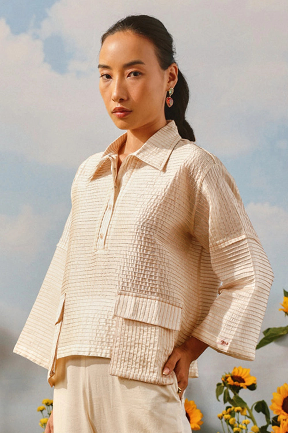 Ivory Pintuck Pocket Jacket With Palazzos