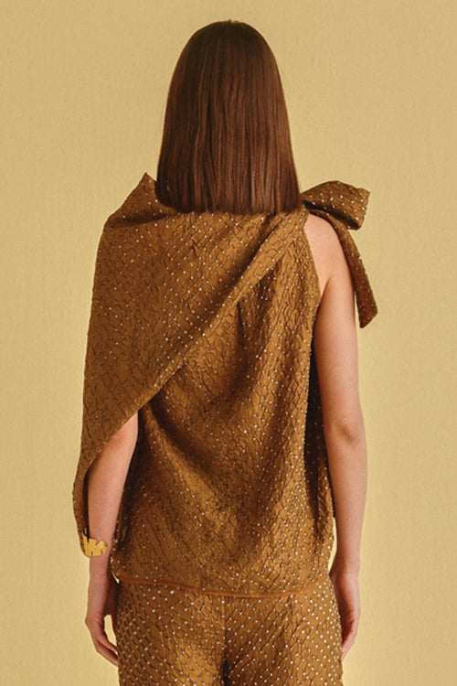 Mocha Crushed Bandhani Tie Up Halter Neck Top