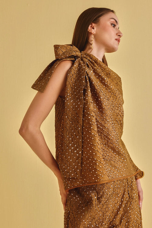Mocha Crushed Bandhani Tie Up Co-ord Set