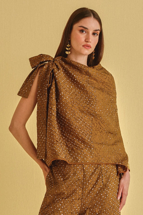 Mocha Crushed Bandhani Tie Up Halter Neck Top