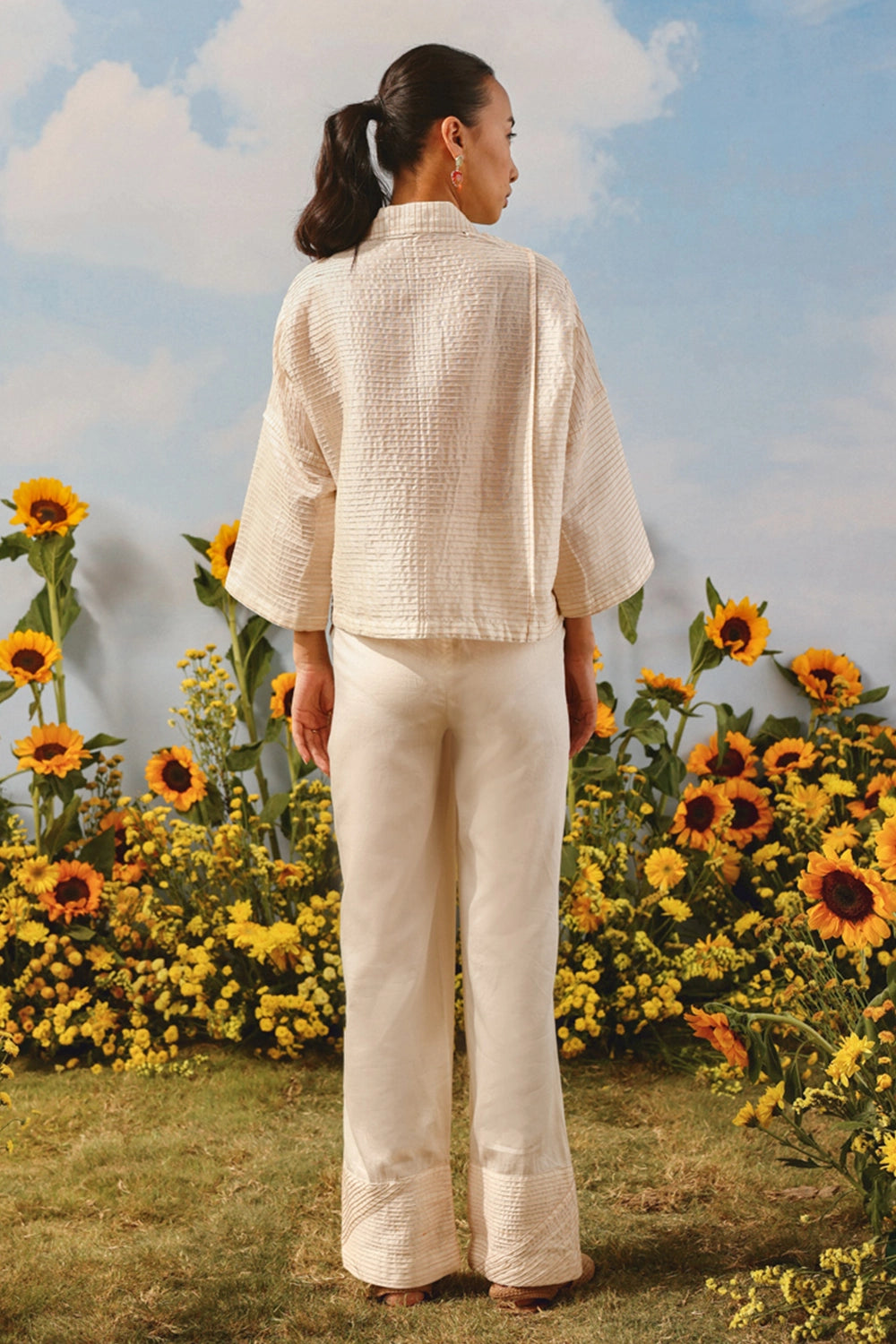 Ivory Pintuck Pocket Jacket With Palazzos