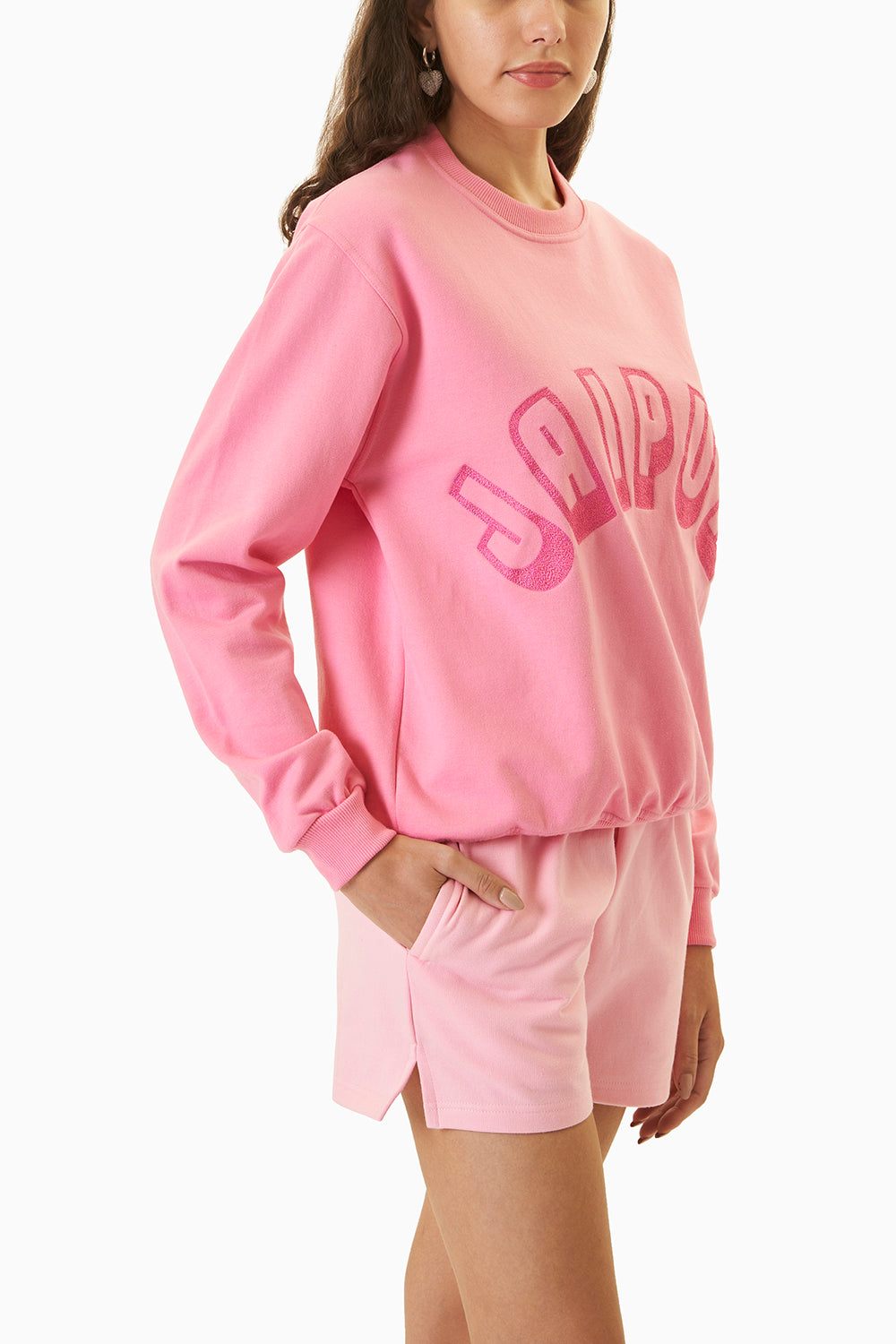 Pink Jaipur Embroidered Sweatshirt With Kullu Shorts