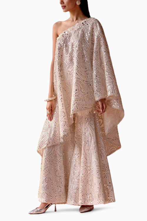 White Mirrorwork One Shoulder Floral Cape with Floral Sharara