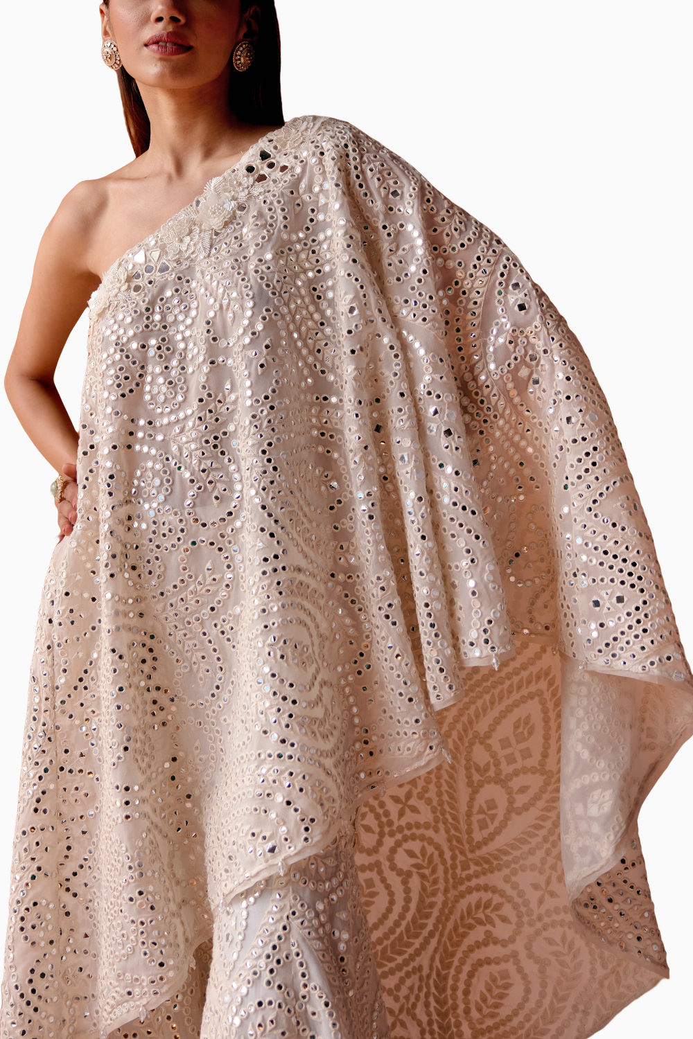 White Mirrorwork One Shoulder Floral Cape with Floral Sharara