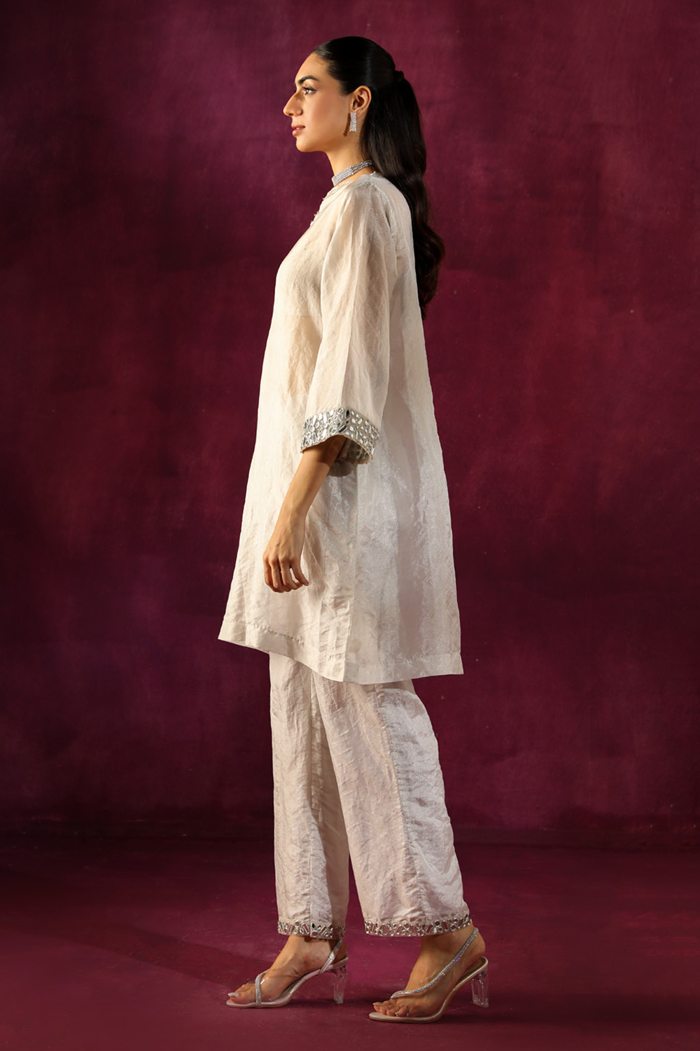 Mirror Embellished Tissue Tunic with Cigarette Pants