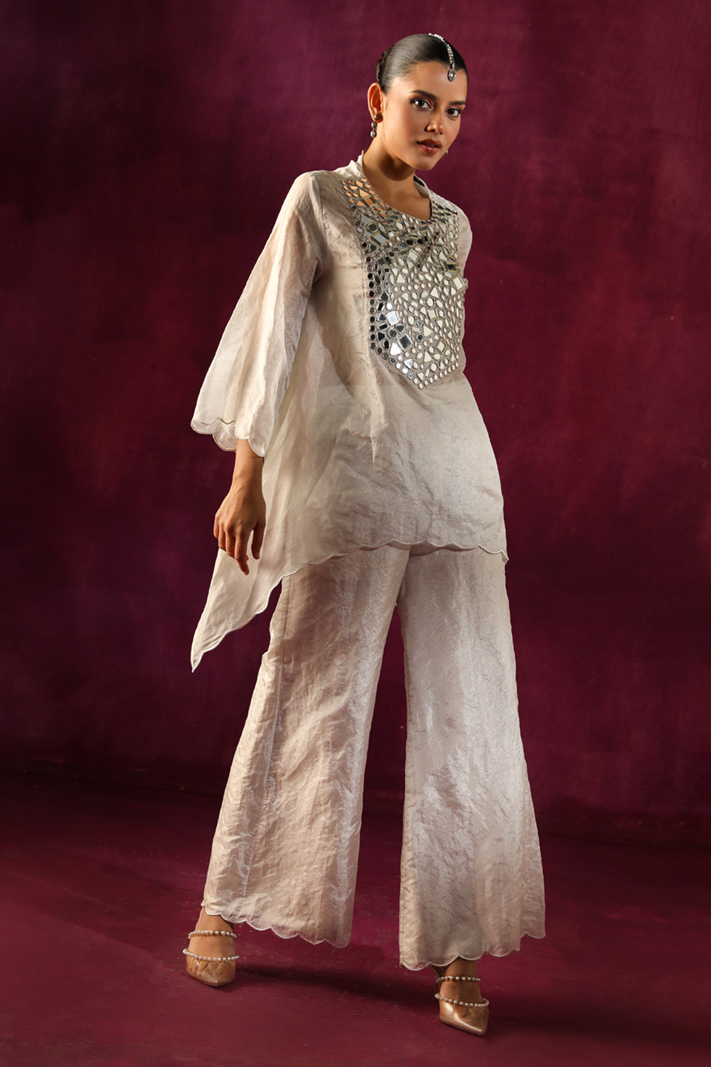 Mirror Embellished Tunic with Flared Pants