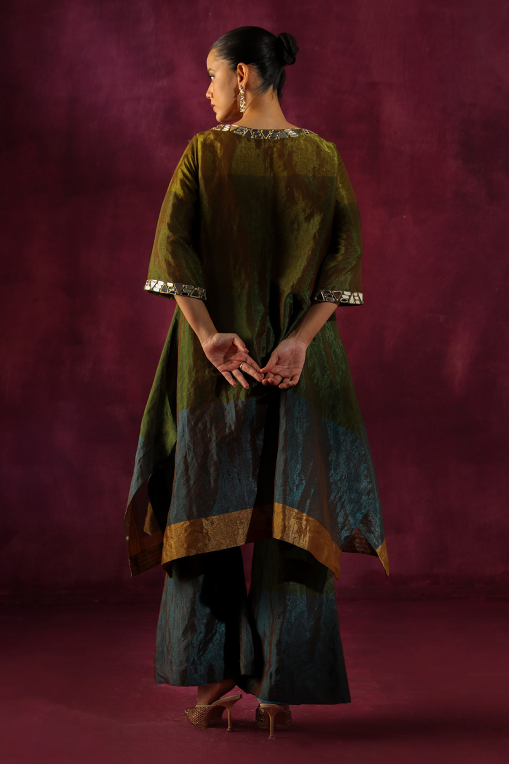 Mirror Embellished Asymmetrical Kurta with Flared Pants