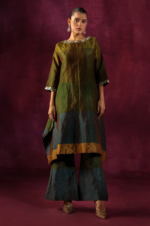 Mirror Embellished Asymmetrical Kurta with Flared Pants
