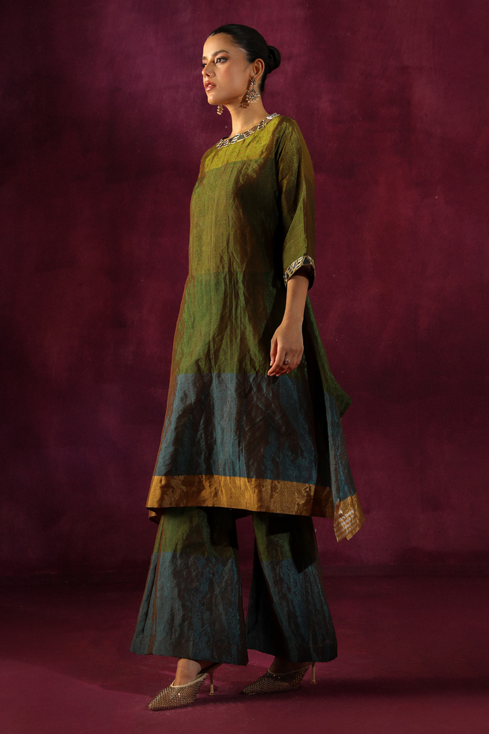 Mirror Embellished Asymmetrical Kurta with Flared Pants