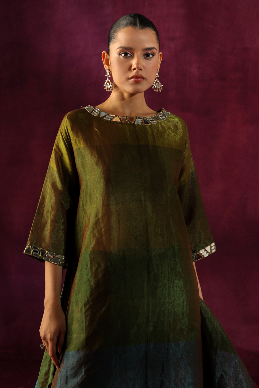 Mirror Embellished Asymmetrical Kurta with Flared Pants