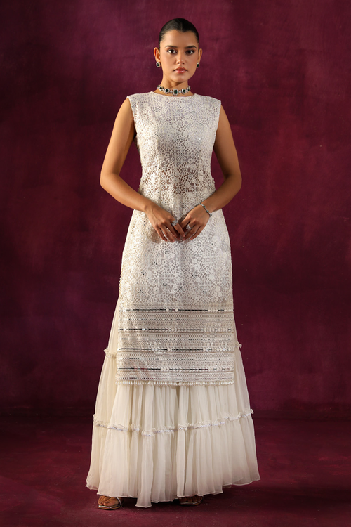 Ivory Side Slits Tunic with Crinkled Sharara