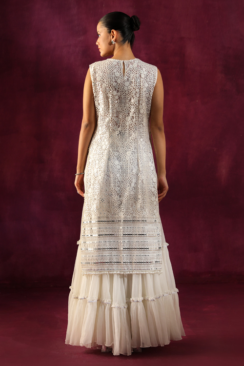 Ivory Side Slits Tunic with Crinkled Sharara