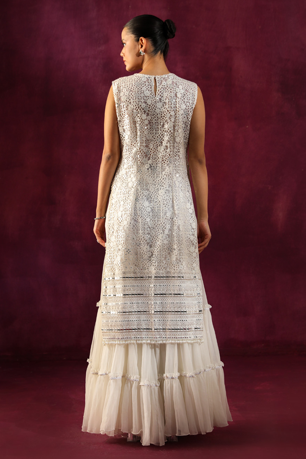 Ivory Side Slits Tunic with Crinkled Sharara