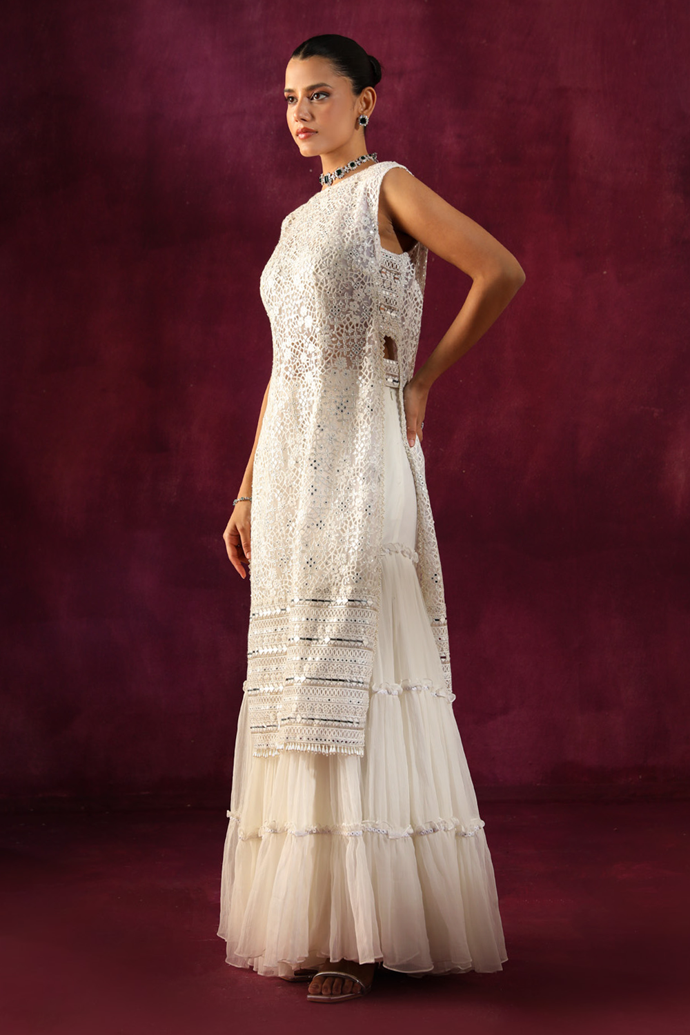 Ivory Side Slits Tunic with Crinkled Sharara