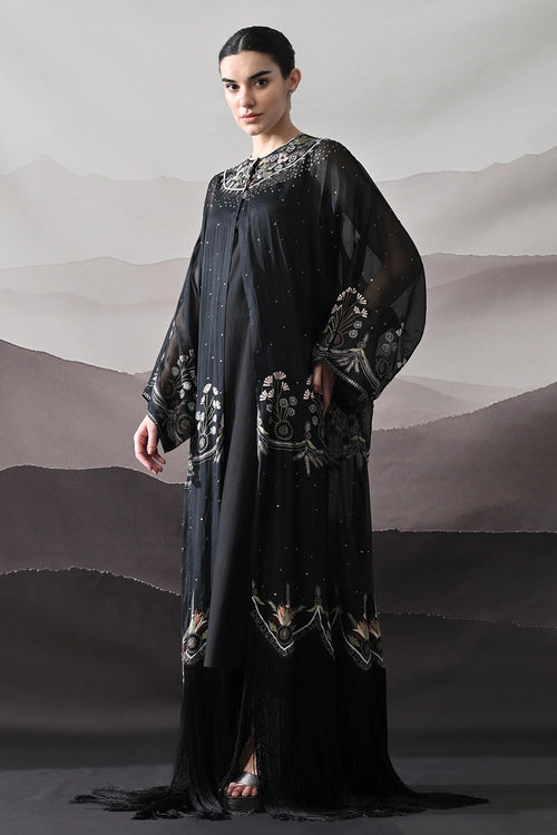 Black Kaftan With Handcrafted Borders And Fluid Silhouette