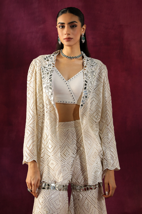 Lace Mirrorwork Blazer with Embellished Inner