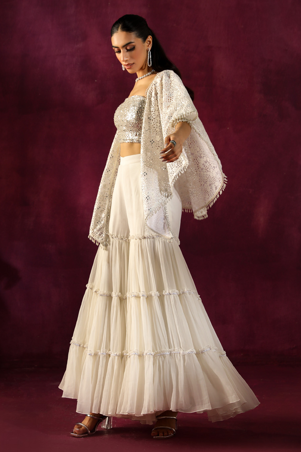 Ivory Lace Scarf Cape with Bandeau and Crinkled Sharara