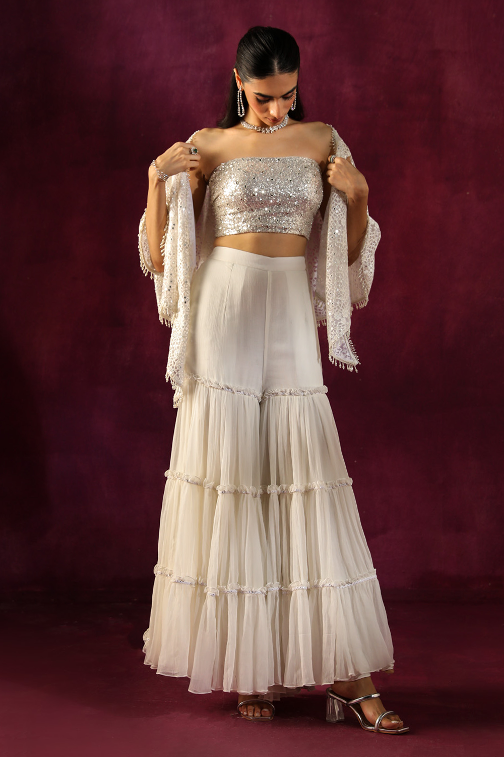 Ivory Lace Scarf Cape with Bandeau and Crinkled Sharara