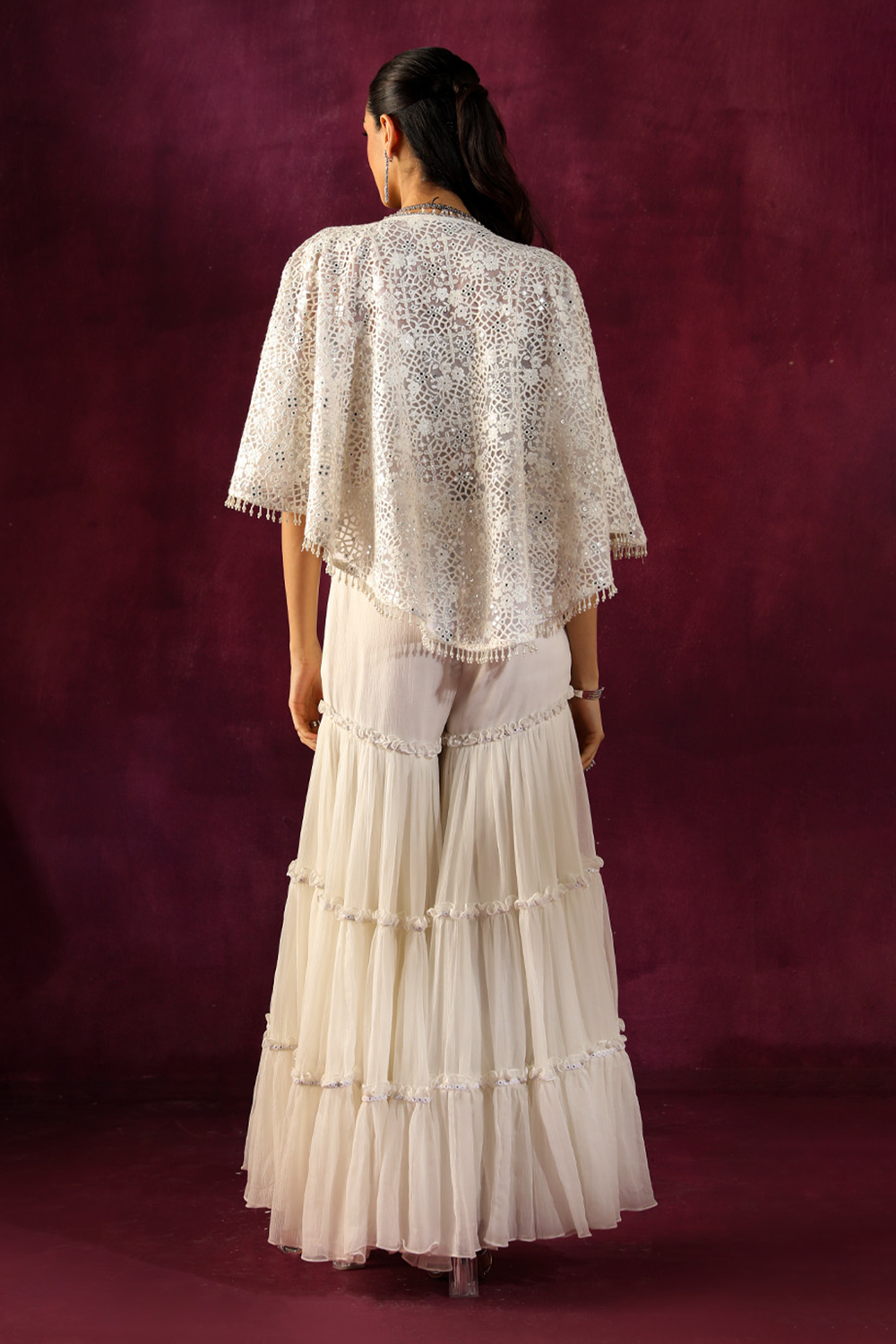 Ivory Lace Scarf Cape with Bandeau and Crinkled Sharara