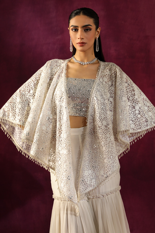 Ivory Lace Scarf Cape with Bandeau and Crinkled Sharara