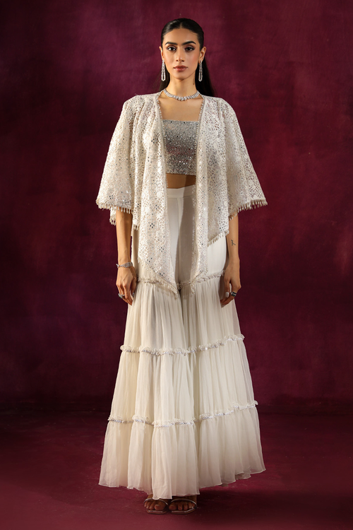 Ivory Lace Scarf Cape with Bandeau and Crinkled Sharara