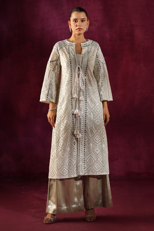 Silver Mirrorwork Jacket with Bandeau and Brocade Palazzo
