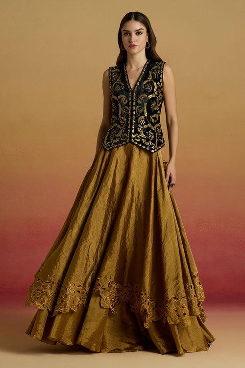 Gold Cutwork Layered Amaryllis Lehenga