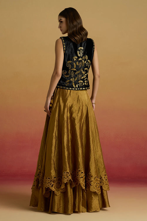 Black and Gold Embellished Waistcoat with Layered Amaryllis Lehenga