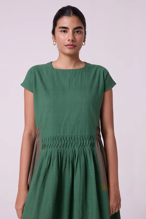 Mori Green Colourblocked Handwoven Midi Dress