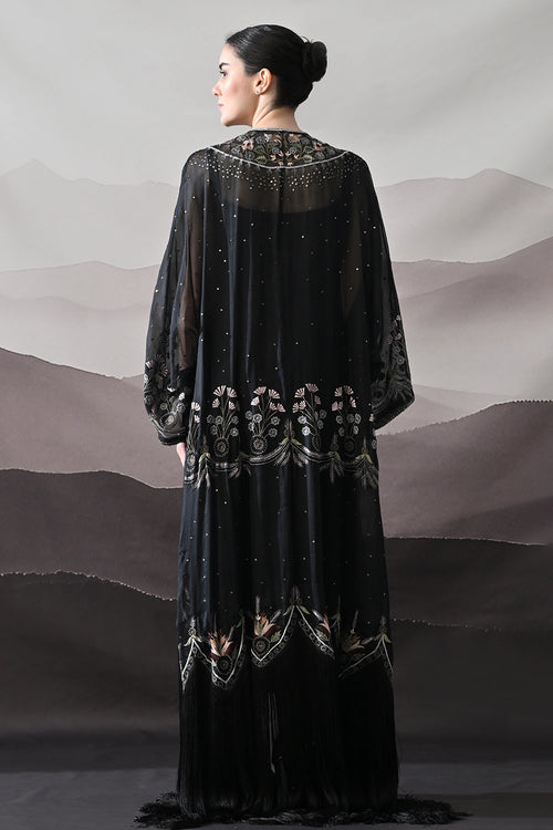 Black Kaftan With Handcrafted Borders And Fluid Silhouette