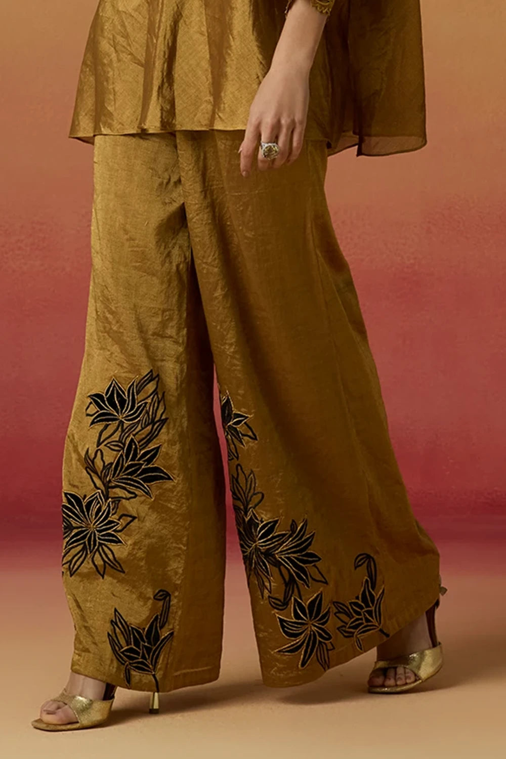 Gold Contrast Applique Flared Amaryllis Pants
