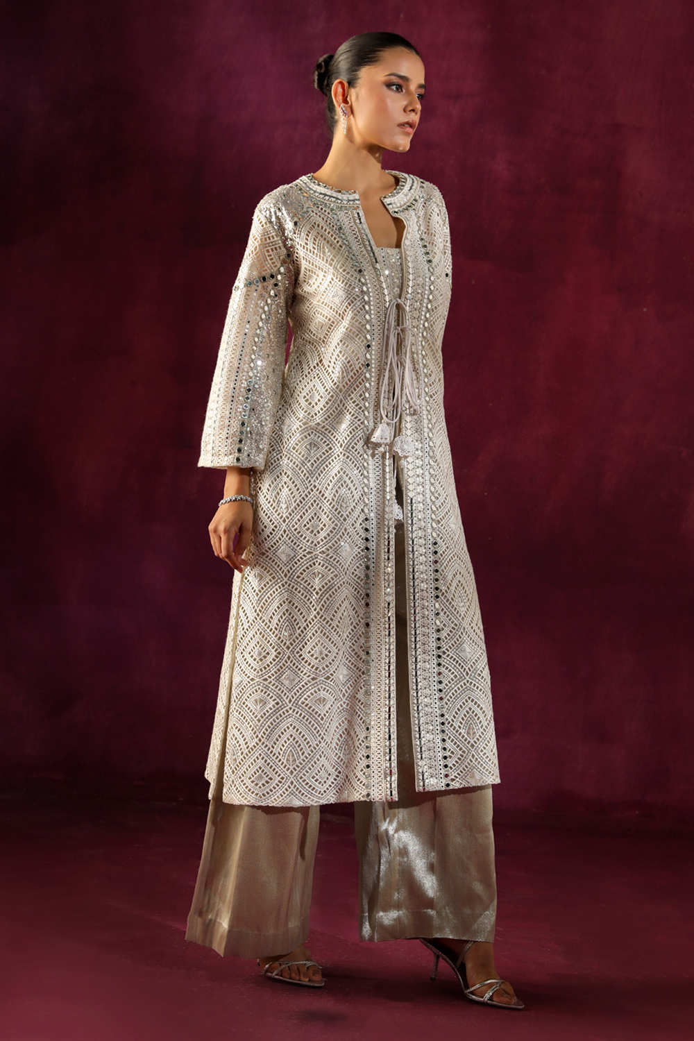 Silver Mirrorwork Jacket with Bandeau and Brocade Palazzo