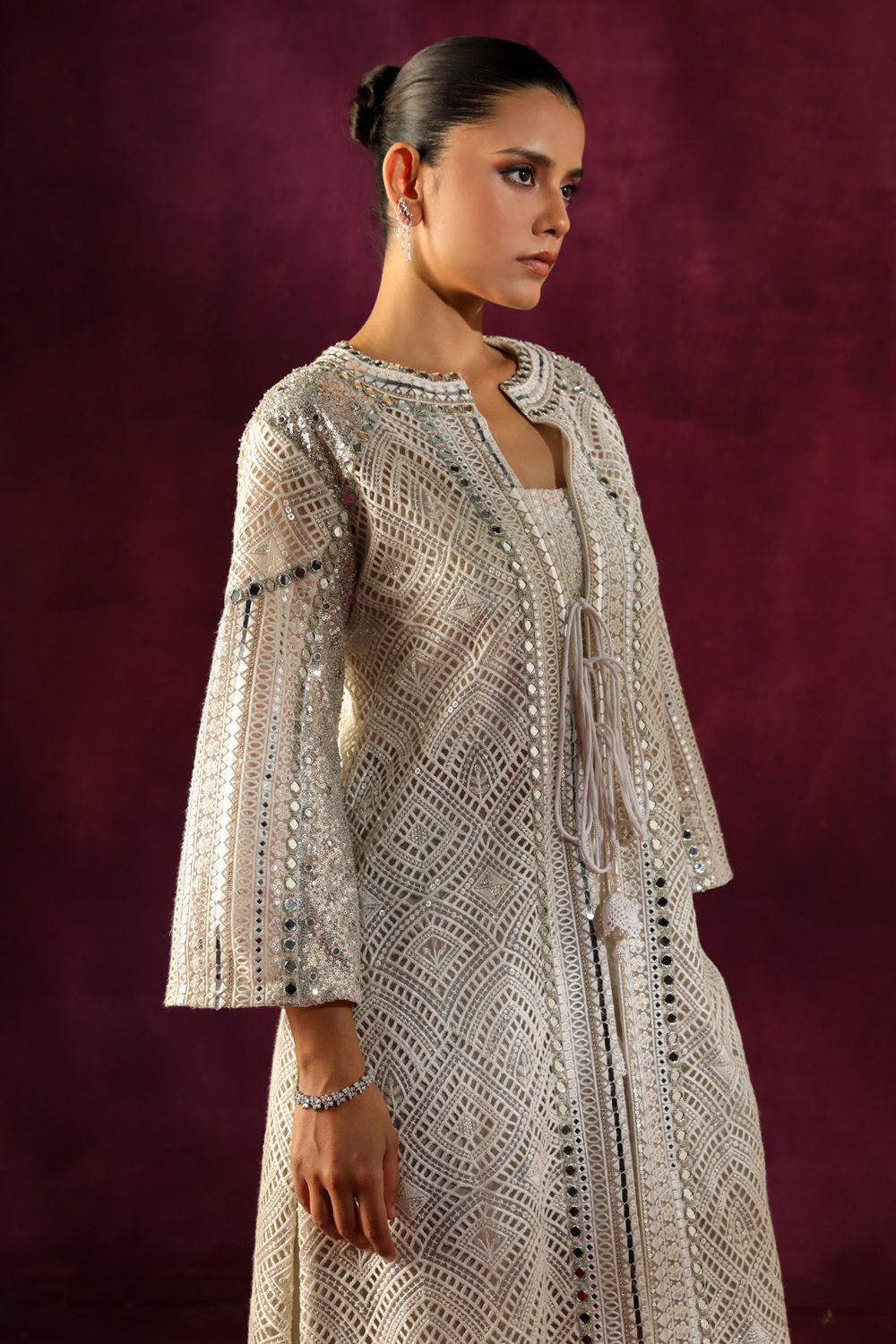 Silver Mirrorwork Jacket with Bandeau and Brocade Palazzo