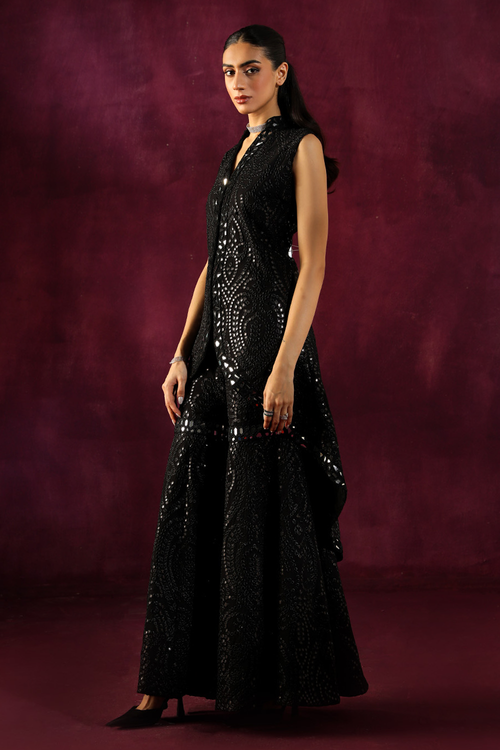 Black Mirrorwork Long Asymmetrical Jacket with Sharara
