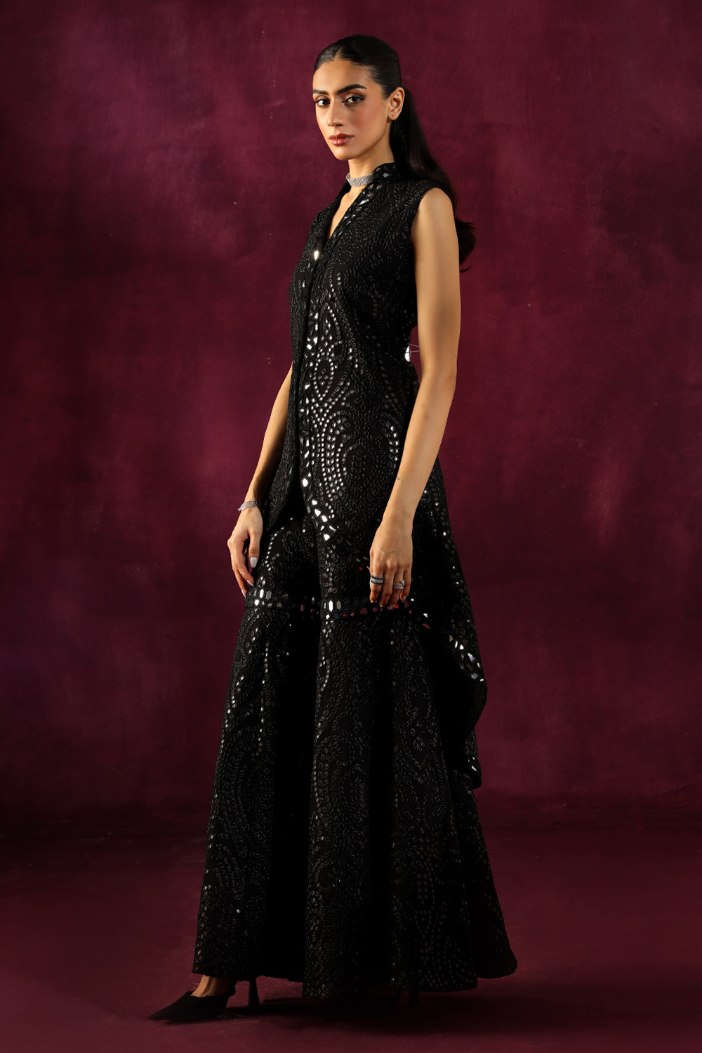 Black Mirrorwork Long Asymmetrical Jacket with Sharara