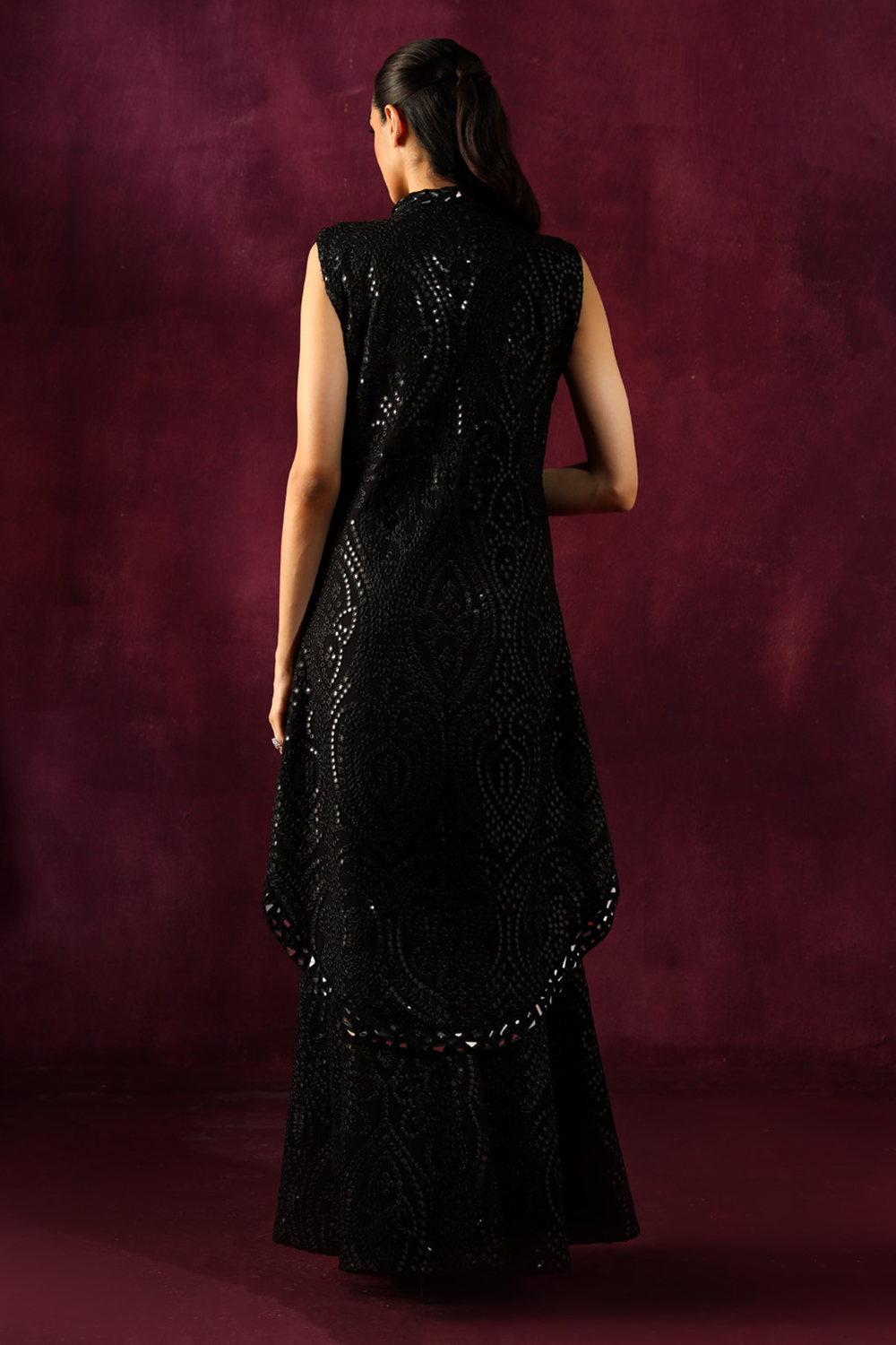 Black Mirrorwork Long Asymmetrical Jacket with Sharara