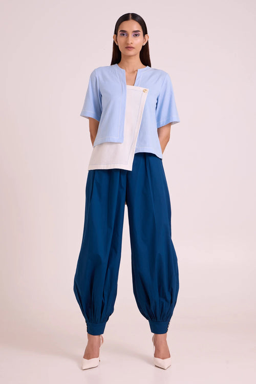 Shelly Panelled Blues Top With Pant Set