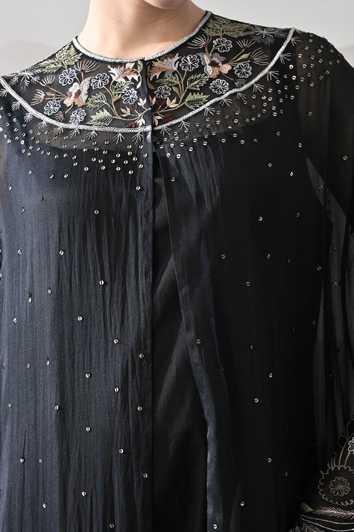 Black Kaftan With Handcrafted Borders And Fluid Silhouette