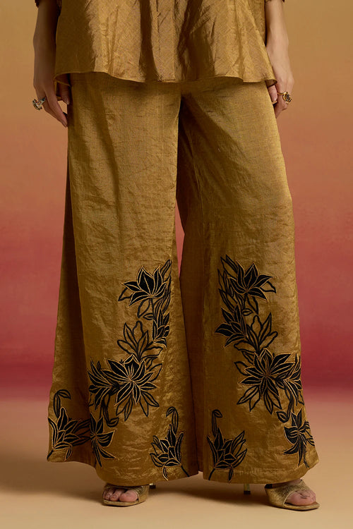 Gold Contrast Applique Flared Amaryllis Pants