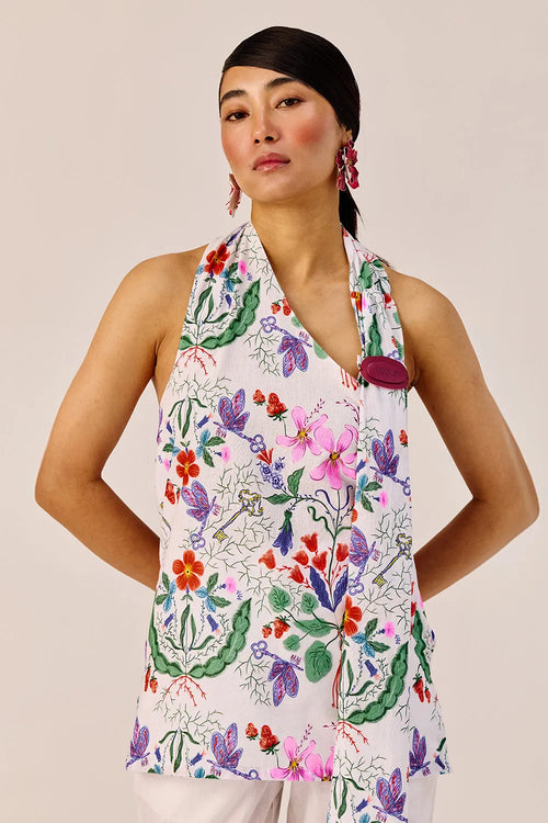 Floral Print Linen Halter Top