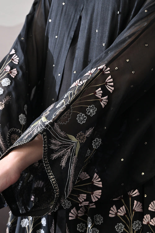 Black Kaftan With Handcrafted Borders And Fluid Silhouette