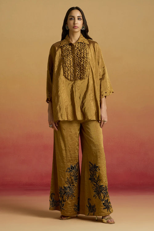 Gold Contrast Applique Flared Amaryllis Pants