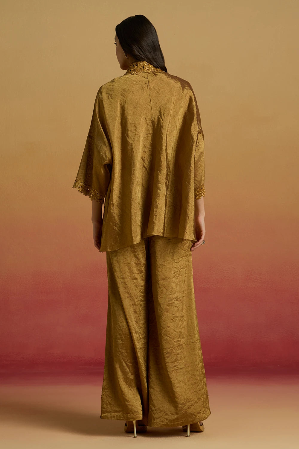 Gold Smocked Amaryllis Shirt with Applique Flared Pants