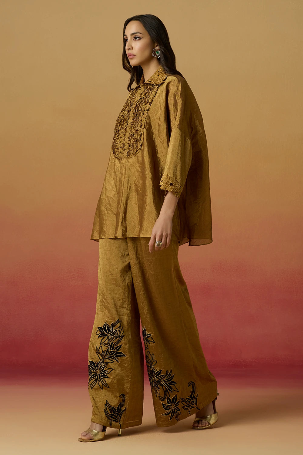 Gold Smocked Amaryllis Shirt with Applique Flared Pants