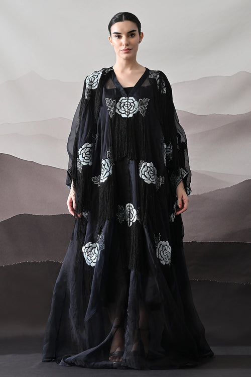 Black Kaftan With Hand-Embroidered Floral Motifs