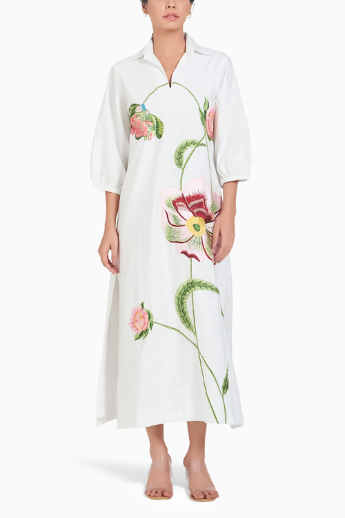 White Long Embroidered Floral Dress