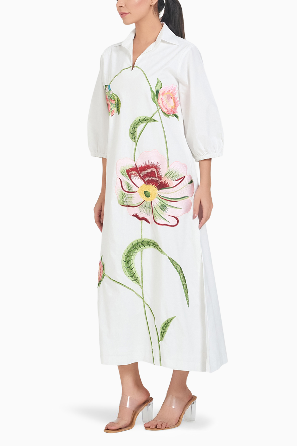 White Long Embroidered Floral Dress