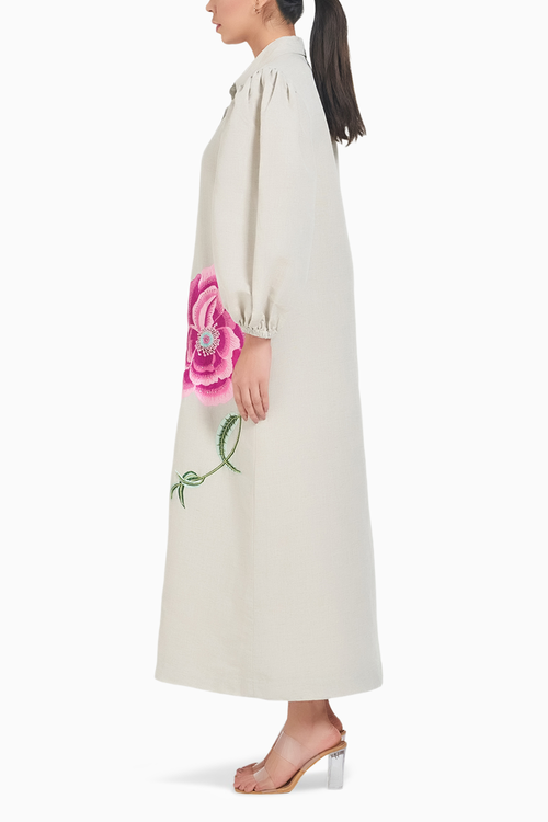 Beige Linen Long Embroidered Dress