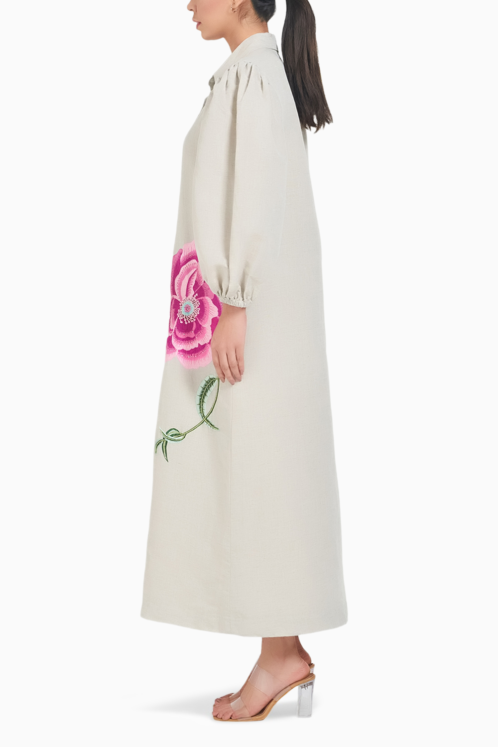 Beige Linen Long Embroidered Dress