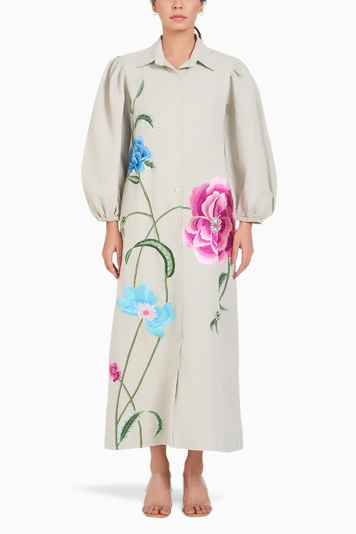 Beige Linen Long Embroidered Dress